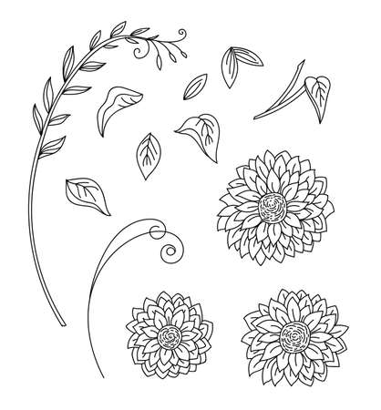 Botanical set with hand drawn line art butterfly and decorative vignettes. Vector monochrome floral template illustration for wedding invitation, vegan cafe, print, design, tattoo.のイラスト素材