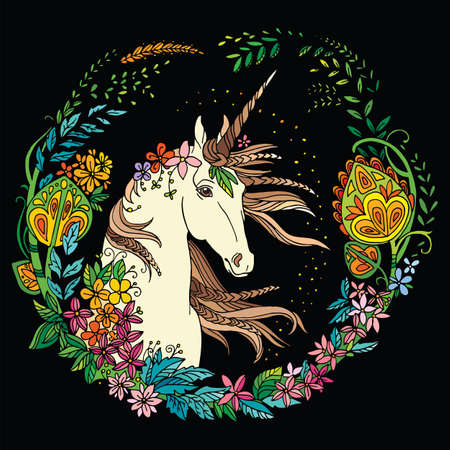 Vector beautiful unicorn with flowers in circle composition. Colorful ornamental illustration isolated on black background. For T Shirt, stickers, design and tattoo.のイラスト素材
