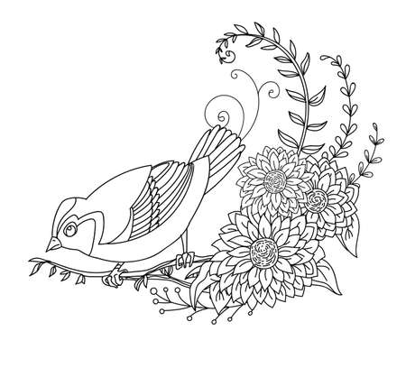 Black contour cute illustration bird and flowers. Vector line art illustration isolated on white. Vector hand drawn monochrome image for coloring book, wedding invitation, design, print, t shirt, home decor.のイラスト素材