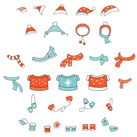 Vector set of cute colorful line art Christmas clothes hat, scarf, mittens, boots isolated on white background. Illustration of Christmas concept. For stickers, decor, design, congratulation cards, and print.のイラスト素材