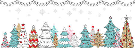 Vector colorful horizontal winter banner garland, Christmas trees and snowflackes isolated on white. Christmas concept. For decor, design, congratulation cards, print, business, label, corporateのイラスト素材
