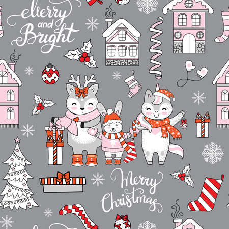 Seamless pattern vector illustration. Christmas characters, houses, rabbit, snowflakes and Christmas elements isolated on gray background. For decor, design, congratulation cards, design cushion, print.のイラスト素材