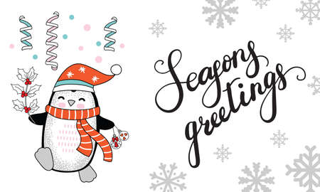 Vector horizontal Christmas congratulation card. Cute penguin, snowflakes and lettering Seasons Greeting.Colorful illustration isolated on white. For banner, decor, design, cards, design cushion, print.のイラスト素材