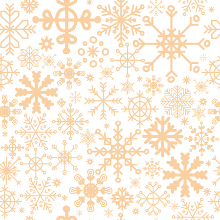 Seamless pattern vector illustration. Christmas snowflakes pale orange color isolated on white background. For wallpaper, decor, design, congratulation cards, design cushion, print.のイラスト素材