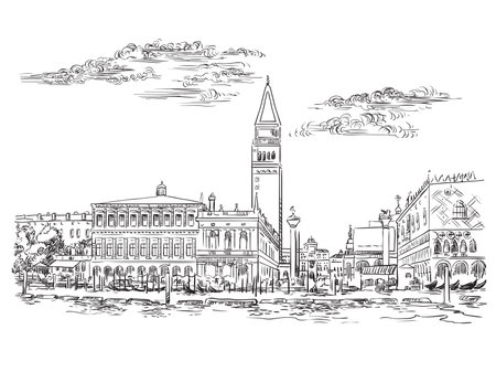 Vector hand drawing sketch illustration of St Mark s Square in Venice. Venice skyline hand drawn sketch in black color isolated on white background. Travel concept. For print and design.のイラスト素材