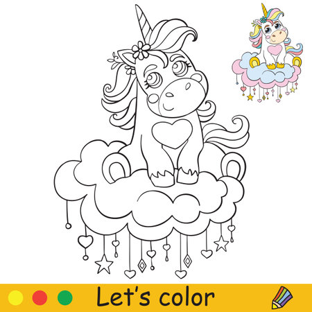 Cute baby unicorn sitting on a cloud. Coloring book page with colorful template. Vector cartoon illustration isolated on white background. For coloring book, preschool education, print and game.のイラスト素材