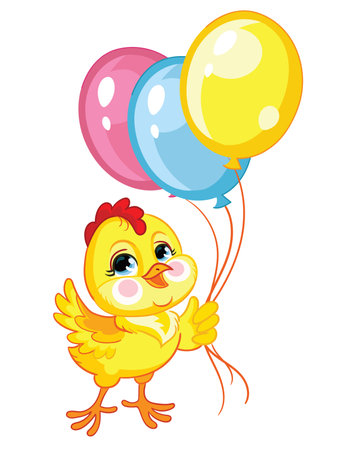 Funny cartoon chicken with balloons. Cute animal.のイラスト素材