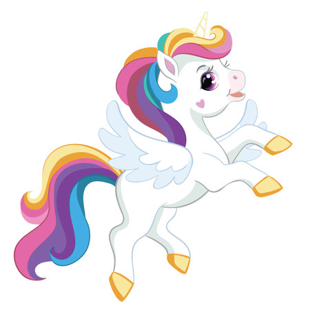 Cute cartoon unicorn with rainbow mane and wings. Vector isolated illustration.のイラスト素材
