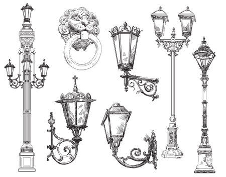 Hand drawn sketch set of urban decorative architectural elements street lanterns.のイラスト素材