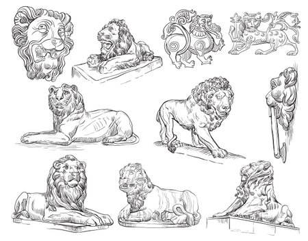 Hand drawn sketch set of urban decorative architectural elements ancient stone lions.のイラスト素材