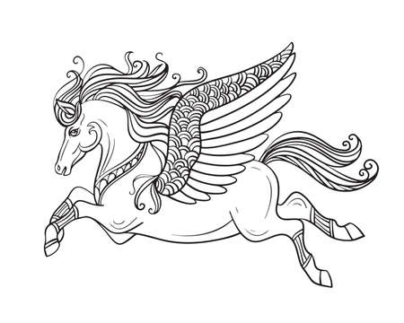 Beautiful flying pegasus. Vector black and white contour illustration for coloring page. For the design of prints, posters, postcards, coloring books, stickers, tattoos,のイラスト素材