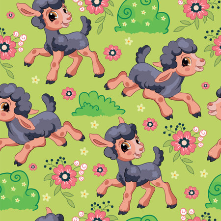 Seamless vector pattern with cartoon characters Cute black lambs and flowers. Colorful illustration isolated on green background. For print, t-shirt, design, wallpaper, decor, textileのイラスト素材
