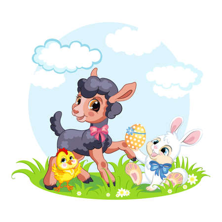 Cute cartoon characters chicken, lamb, rabbit with easter eggs. Vector isolated illustration.のイラスト素材