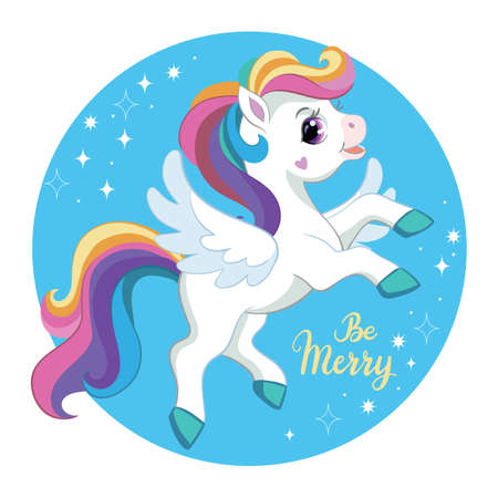 Cute cartoon character unicorn with rainbow mane and wings. Vector illustration.のイラスト素材