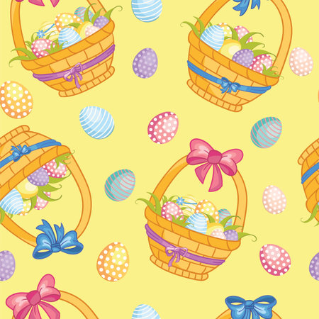Seamless vector pattern with Easter concept. Cute cartoon baskets with easter eggs. Colorful illustration isolated on yellow background. For print, t-shirt, design, wallpaper, decor, textile, linenのイラスト素材