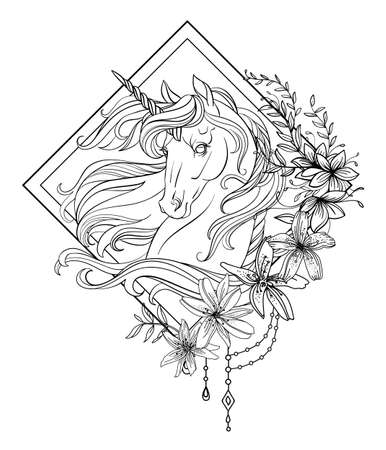 Head of the unicorn in profile with a long mane in floral frame. Vector black and white isolated contour illustration for coloring book pages, design, prints, posters, postcards, stickers, tattoo.のイラスト素材