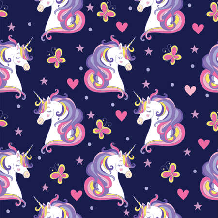 Seamless pattern with unicorn heads, hearts and butterflies isolated on navy background. Vector illustration for party, print, baby shower, wallpaper, design, decor, design cushion, linen, dishes, t-shirtのイラスト素材