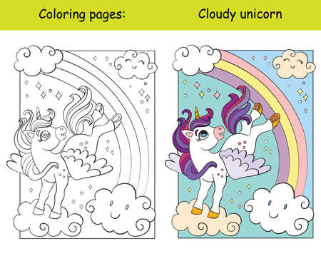 Cute unicorn with wings flying in the sky coloring vector and templateのイラスト素材