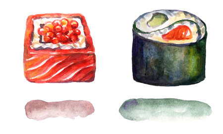 Rolls with salmon and caviar Japanese cuisine, watercolor illustration isolated on white background. For design sushi restaurant menu, cards, print, design, wallpaper, kitchen towel.の写真素材