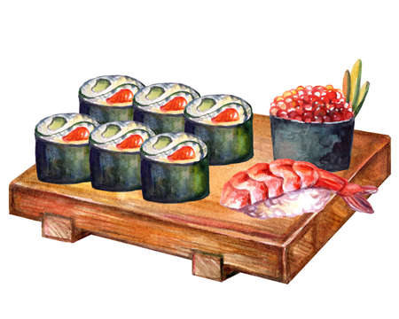 Japanese cuisine rolls and sushi with salmon, shrimp, caviar on board, watercolor illustration isolated on white background. For design sushi restaurant menu, cards, print, decor, design, marketingの写真素材