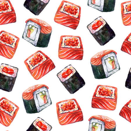 Seamless pattern japanese cuisine rolls with salmon and caviar, watercolor illustration. Sushi background. For design sushi restaurant menu, cards, print, decor, design, wallpaper, marketing, paperの写真素材