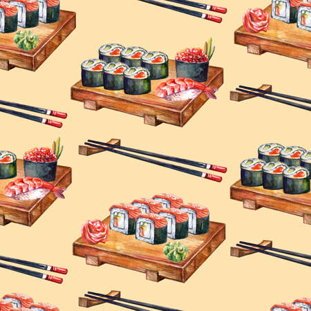 Seamless pattern japanese cuisine rolls on board with chopsticks, watercolor illustration. Sushi background. For design sushi restaurant menu, cards, print, decor, design, wallpaper, marketing, paperの写真素材
