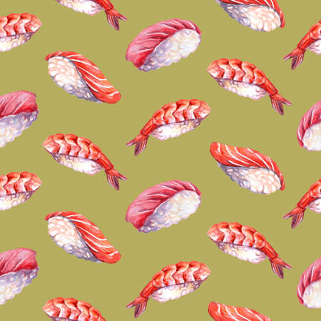 Seamless pattern japanese cuisine sushi with shrimp and tuna watercolor illustration. Sushi background. For design sushi restaurant menu, cards, print, decor, design, wallpaper, marketing, paperの写真素材
