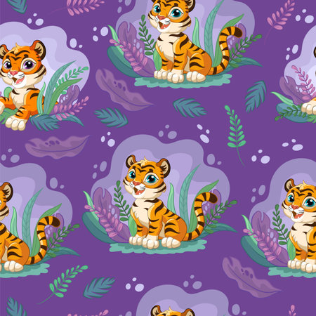Seamless pattern with cute tigers in jungle at the night. Vector illustration for party, print, baby shower, wallpaper, design, decor, linen, dishes and kids apparel, packaging paperのイラスト素材