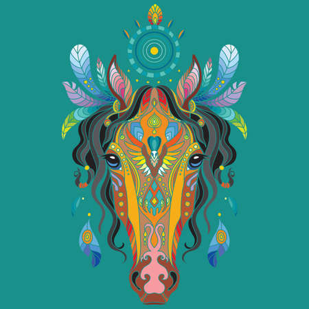 Head of horse with doodle elements. Abstract vector colorful illustration isolated on turquoise background. For design, print, decor, tattoo, t-shirt, puzzle, poster, porcelain and stickersのイラスト素材