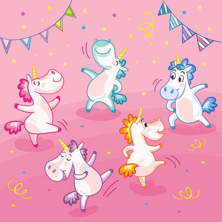 Cute and happy unicorns celebrating dancing on a party. Vector illustration. Poster for party, print, baby shower, wallpaper, design, decor, linen, dishes, cards, stickers, t-shirt and kids apparelのイラスト素材