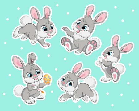 Set of cute cartoon gray rabbits. Vector isolated illustration. For postcard, posters, nursery design, greeting card, stickers, room decor, party, nursery t-shirt, apparelのイラスト素材