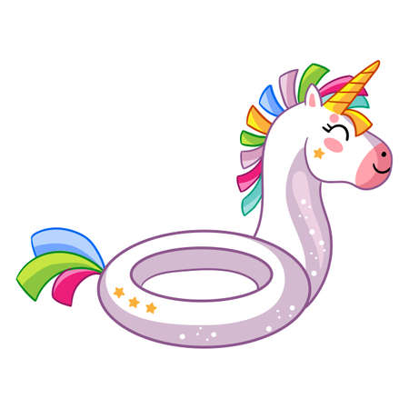Cute inflatable circle in shape of unicorn with a rainbow mane and tail. Vector cartoon isolated illustration. Stock illustration. For t-shirt, apparel, print, design, poster, card, sticker, decor, gameのイラスト素材