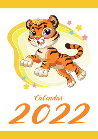 Wall calendar for 2022, cover. Cute cartoon happy tiger cub jump. The symbol of the year. Animal character. Color vector illustration. Week start in Sunday. In size A4. For print and design.のイラスト素材