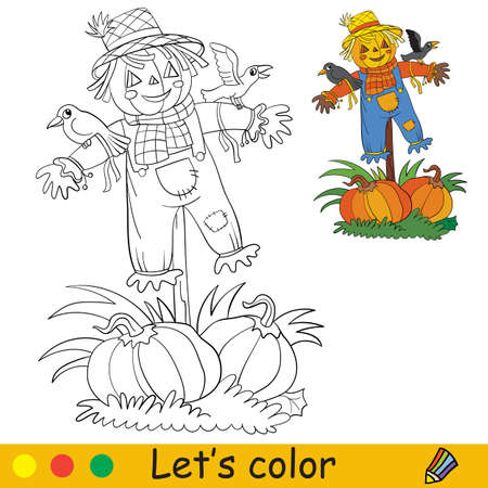 Funny scarecrow with pumpkins and crows. Halloween concept. Coloring book page for children with colorful template. Vector cartoon illustration. For print, preschool education and gameのイラスト素材
