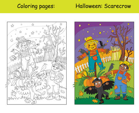 Funny children in costumes of scarecrow and crow. Halloween concept. Coloring book page for children with colorful template. Vector cartoon illustration.のイラスト素材