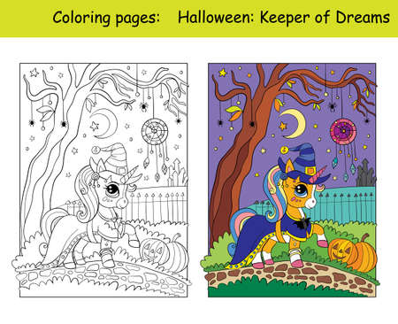 Cute unicorn witch and dreamcatcher. Halloween concept. Coloring book page for children with colorful template. Vector cartoon illustration.のイラスト素材