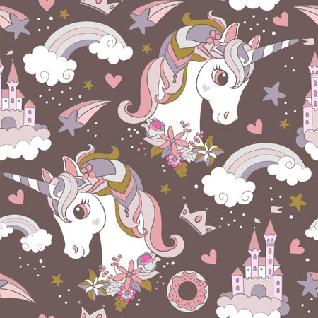 Seamless pattern with unicorns heads, clouds, rainbow and stars. Magic background with unicorns. Vector illustration in trendy colors. For design, print, decor, wallpaper, linen, dishes, textile.のイラスト素材