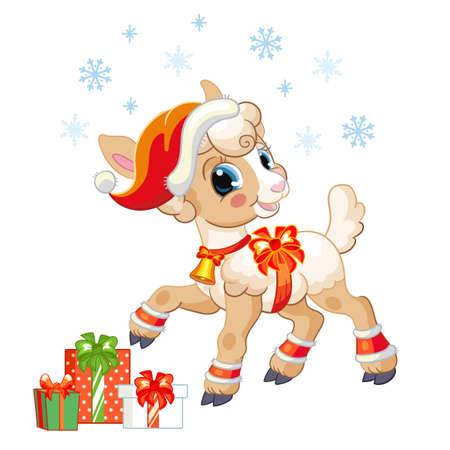 Cute lamb in a Christmas hat with gifts and snowflakes. Cartoon lamb character. Vector isolated illustration. For postcard, posters, design, greeting card, stickers, decor, kids apparelのイラスト素材