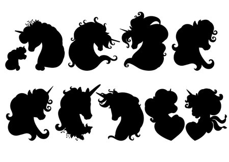 Set of cute cartoon unicorns in motion. Black silhouette vector illustration template isolated on white background. For print, stickers, design, dishes and kids apparel, application and tattoo.のイラスト素材