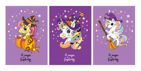 Set of cute cartoon unicorns in motion. Black silhouette vector illustration template isolated on white background. For print, stickers, design, dishes and kids apparel, application and tattoo.のイラスト素材