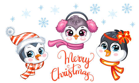 Christmas card with cute penguins heads and letteringのイラスト素材