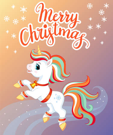 Colorful christmas card with cute unicorn and letteringのイラスト素材