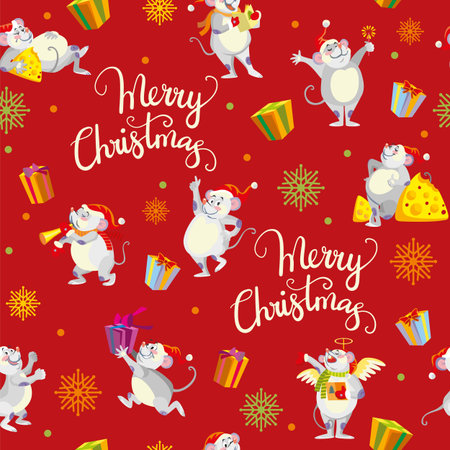 Christmas elements and mouses seamless pattern redのイラスト素材