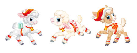 Cute lambs with Christmas accessories. Cartoon lamb characters. Vector isolated illustration. Christmas funny animals set. For greeting cards, posters, design, stickers, decor, kids apparelのイラスト素材