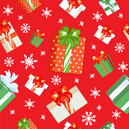 Seamless pattern with cute gifts and snowflakes. Winter Christmas concept. Vector illustration isolated on red background. For design, print, decor, wallpaper, linen, dishes, textileのイラスト素材