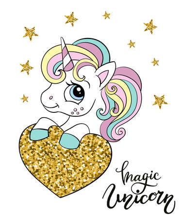 Cute cartoon unicorn with a heart and lettering. Vector llustration in trendy and gold colors isolated on white. For sticker, design, decoration, print, baby shower, t-shirt, dishes and kids apparelのイラスト素材