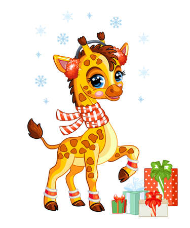 Cute Christmas giraffe with gifts and snowflakes. Cartoon giraffe character. Vector cartoon isolated illustration. For postcard, posters, design, greeting card, stickers, decor, kids apparelのイラスト素材