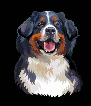 Realistic head of bernese mountain dog. Color vector illustration isolated on black background. For decoration, design, print, posters, postcards, stickers, t-shirt, embroideryのイラスト素材