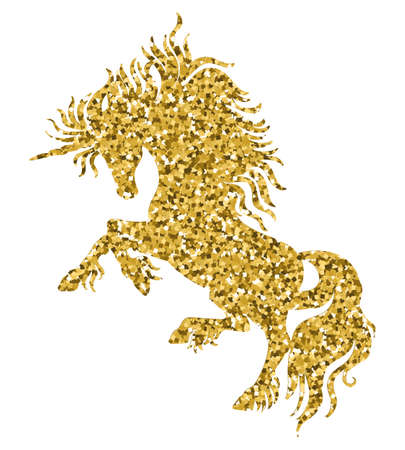 Beautiful golden silhouette of unicorn with long mane. Vector illustration template isolated on white background. For print, stickers, design, dishes and kids apparel, cards, application and tattoo.のイラスト素材