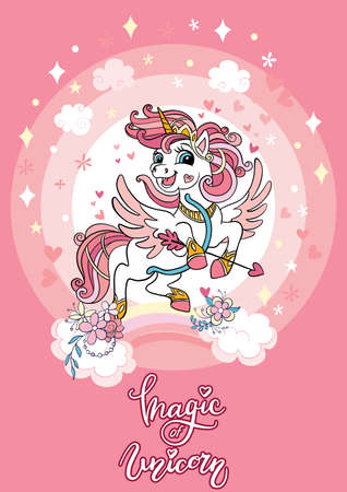 Cartoon unicorn with hearts poster vector illustrationのイラスト素材